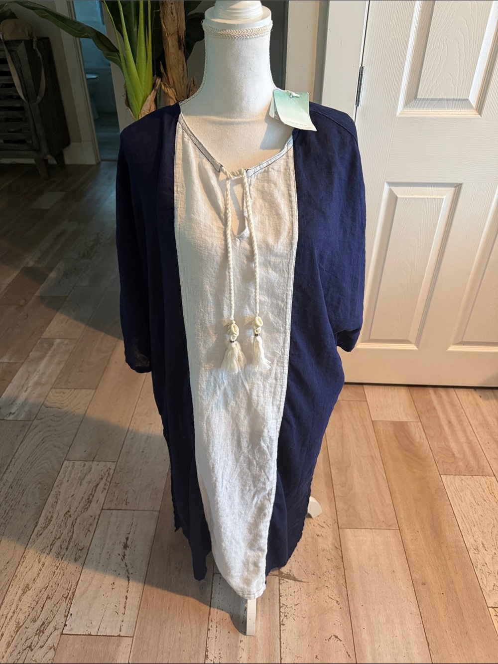 Sigrid Olsen Navy and White Swim Coverup with Tassel Tie